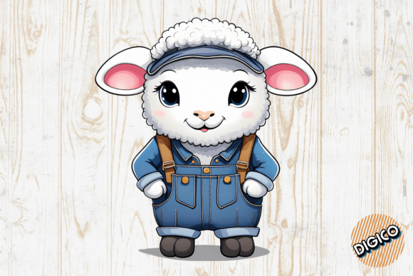 Download Cartoon Baby Sheep Wearing Denim Overall - Overall Collection