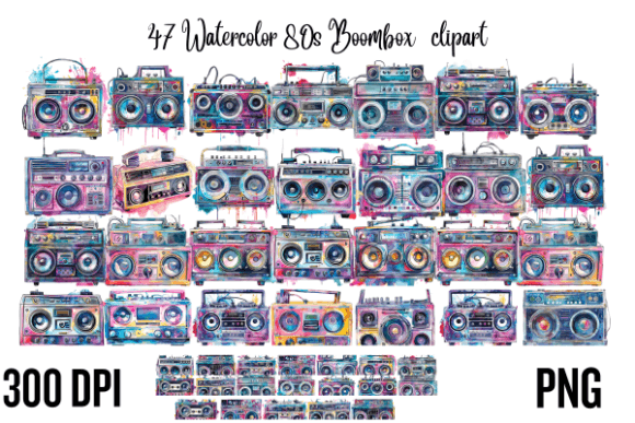 Download Watercolor 80s Boombox Clipart - 80s Collection