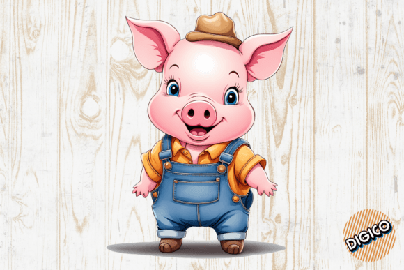 Download Cute Cartoon Baby Pig in Denim Overall - Overall Collection